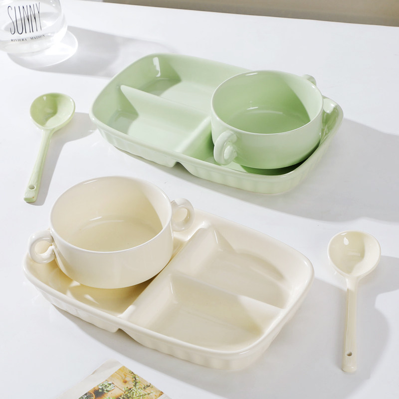 陶瓷分格盘创意奶油风早餐盘一人食餐具三件套装家用双耳蒸盅汤盅,淘宝优惠券,粉丝福利购,淘宝优惠卷