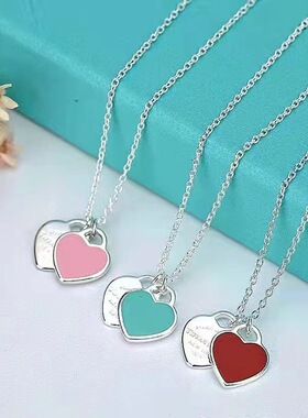 亿百嘉 T家爱心项链女925纯银红心滴油珐琅蓝色锁骨链双心形吊坠