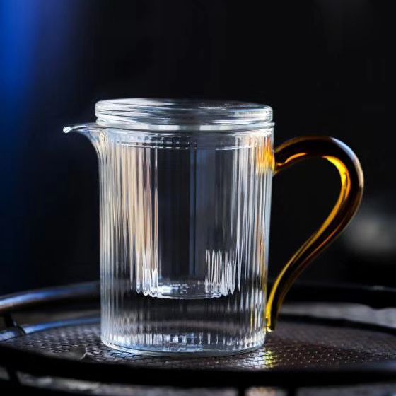 奇高透明带盖玻璃杯办公室日式杯子过滤茶水分离泡茶杯创意条纹杯 - 图1