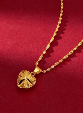 沙金色桃心四叶草项链