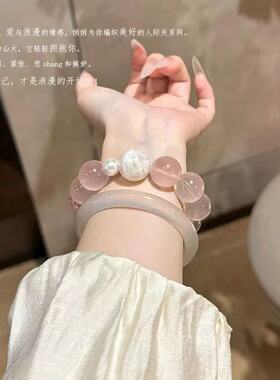 「皑雪星光」天然星光粉水晶+雪花幽灵+草莓晶跑环水晶手串手链女
