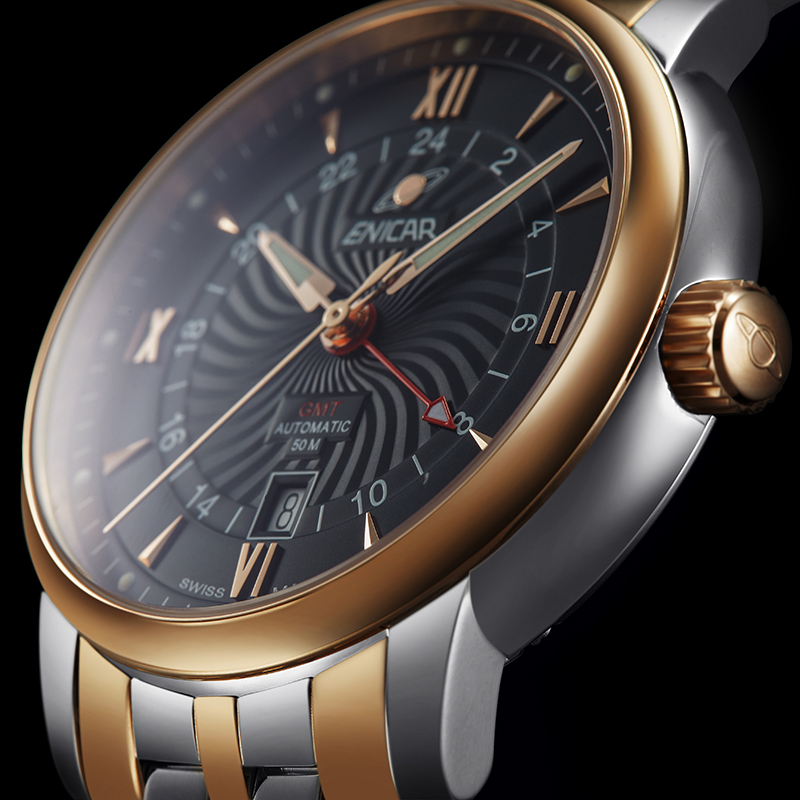 Enicar瑞士英纳格独创GMT两地时赠原装皮带机械手表男表