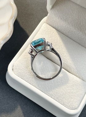 海蓝宝培育高碳钻纯银s925戒指