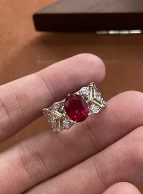 鸽血红宝石蕾丝镂空纯银925戒指