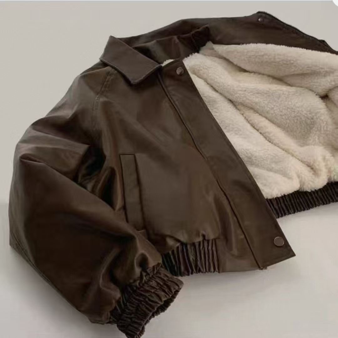 韩国chic秋冬高级感气质拉链翻领长袖宽松爆款加绒短款皮衣外套女,淘宝优惠券,粉丝福利购,淘宝优惠卷