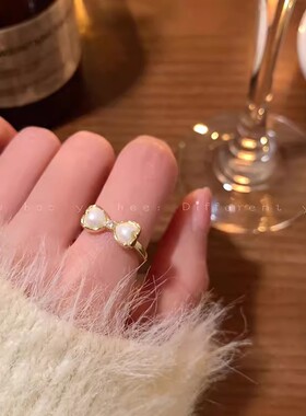 蝴蝶结珍珠戒指女轻奢小众设计感开口食指戒精致气质简约百搭指环