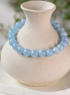 天然巴西海蓝宝手串冰种清透圆珠子单圈蓝色水晶手链招财转运手链