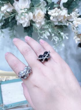 朋克风辣妹黑色爱心戒指女小众设计荆棘开口食指时尚个性指环A446