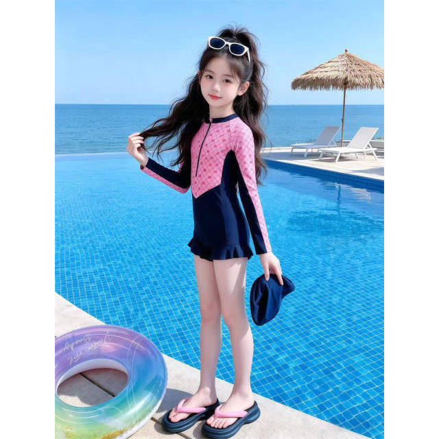 2026 New Swimsuit Children Girls Long Sleeve Professional Training Girls Swimwear Boxer Big Children Swimsuit with Chest Pad