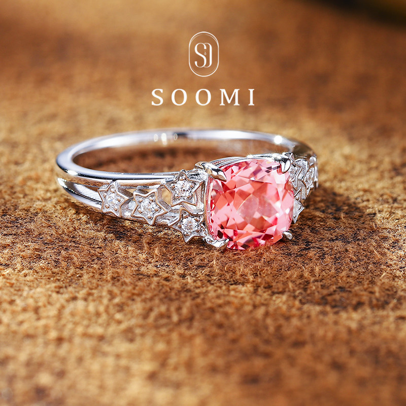 Padparadscha ring 2.2ct cultured sapphire women's ring 925 silver diamond pink