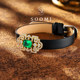 Emerald bracelet, silver set with 2.2 carat cultured colored gemstone, genuine leather watch and jewelry