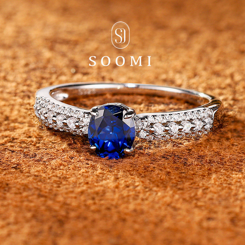Royal sapphire ring 1ct cultured color silver gold-plated design double row diamond ring for women