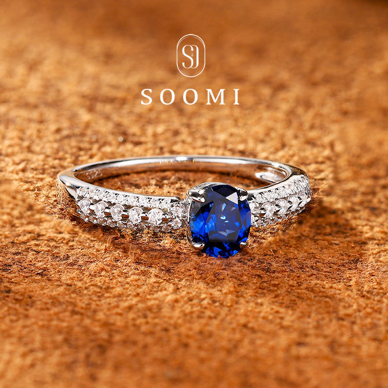 Royal sapphire ring 1ct cultured color silver gold-plated design double row diamond ring for women