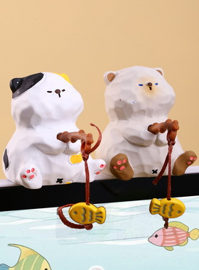 原创木雕风姜太猫钓鱼2026新款办公室桌面摆件工位装饰女生小礼物