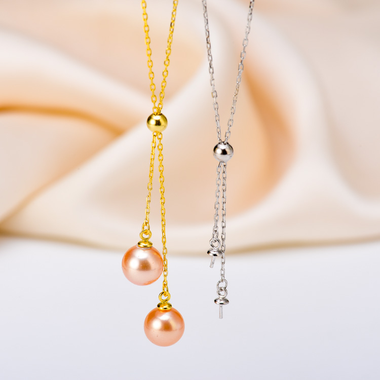 DIY配件 S925纯银双珠Y字可抽拉调节套链项链空托 珍珠项坠子女 - 图1