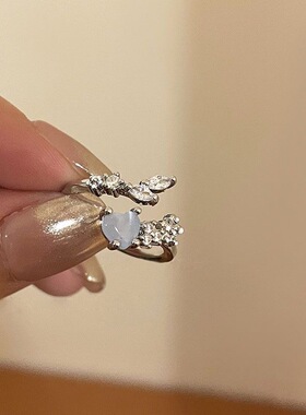 海蓝爱心戒指开口戒指女轻奢小众设计可调节指环日常佩戴心形饰品