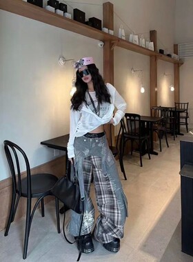 拼接贴布阔腿牛仔裤女宽松免烫