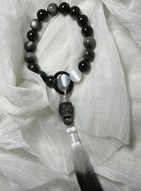 银曜石手持十八子手持醒狮男士女士手串跑环黑曜石佛珠手串白猫眼