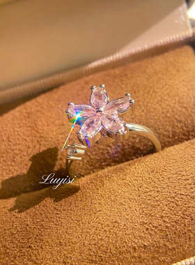 新款可旋转粉钻樱花戒指轻奢浪漫粉色花朵解压抗焦虑转运开口指环