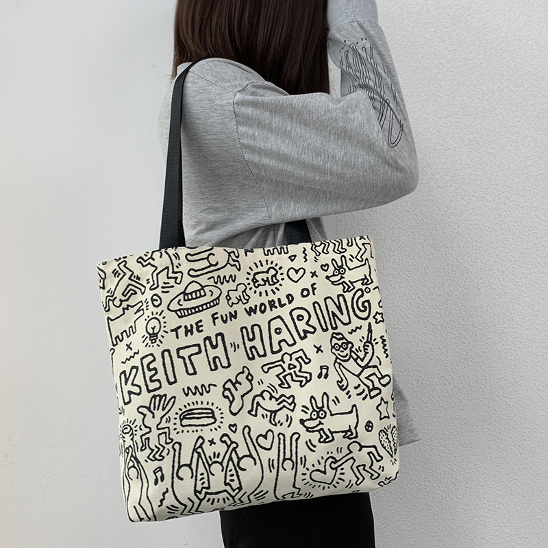 日系原创插画设计托特春夏帆布手提袋简约百搭文艺大容量单肩女包,淘宝优惠券,粉丝福利购,淘宝优惠卷