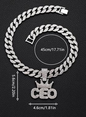 欧美皇冠满钻CEO字母勾芡古巴链
