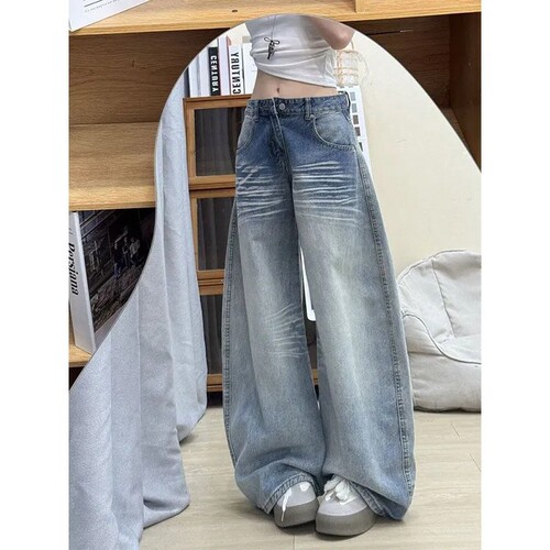 潮牌设计感闪电纹阔腿牛仔裤女小个子刺绣宽松显瘦遮肉直筒拖地裤 - 图3