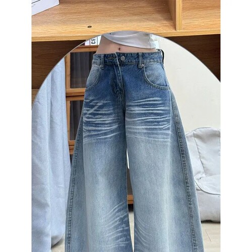 潮牌设计感闪电纹阔腿牛仔裤女小个子刺绣宽松显瘦遮肉直筒拖地裤 - 图2