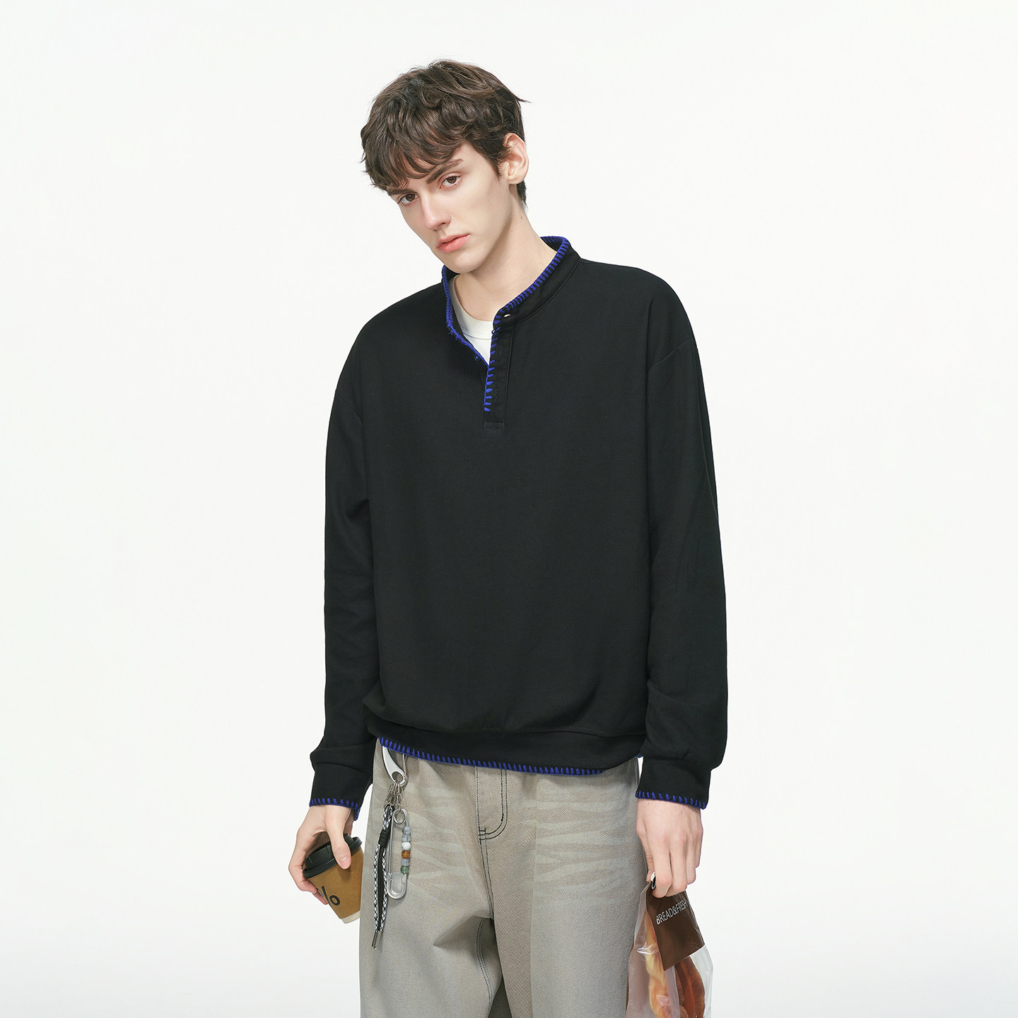 Dream made老钱风手缝线亨利领卫衣男秋冬季重磅无帽上衣男生内搭,淘宝优惠券,粉丝福利购,淘宝优惠卷