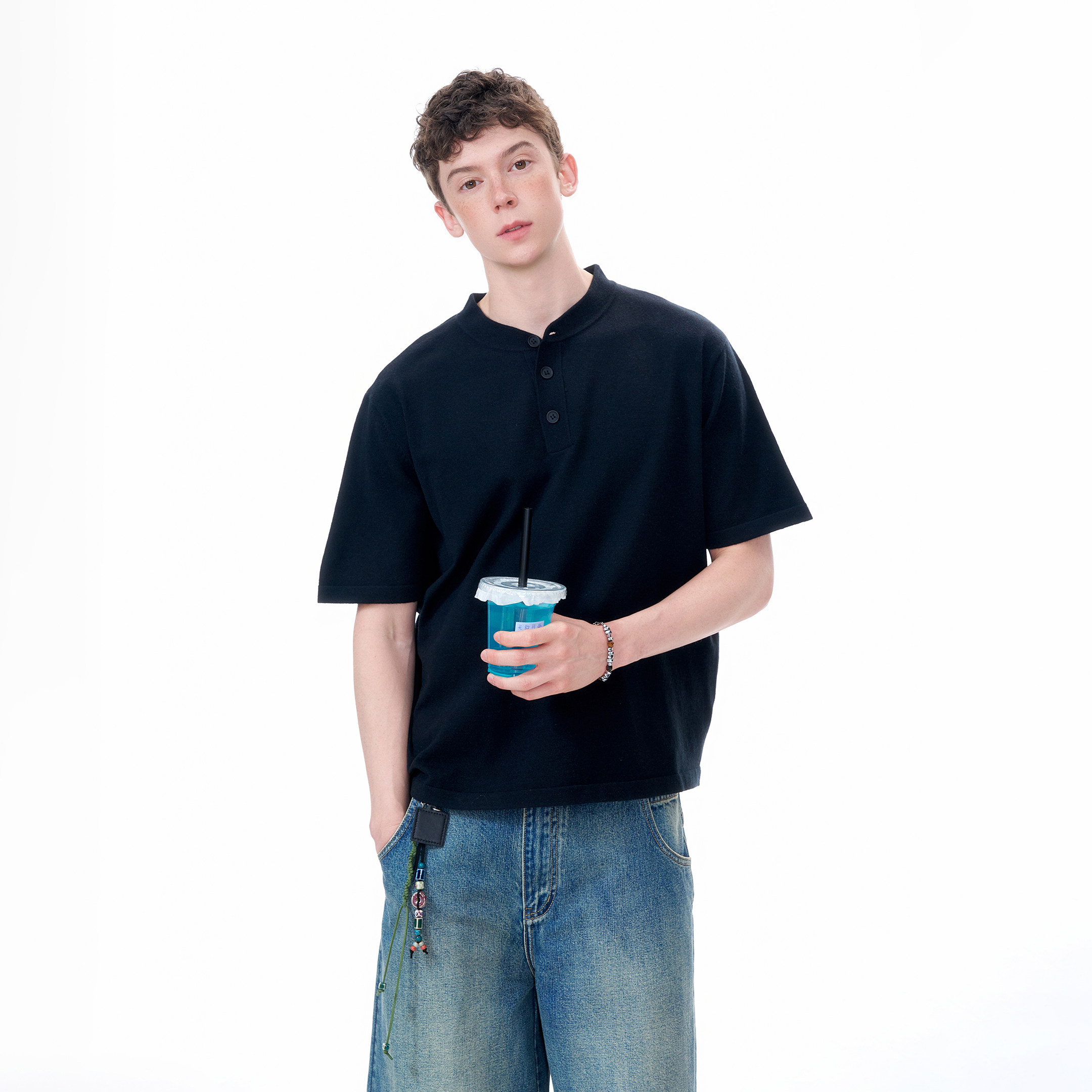 Dream made 美式复古cleanfit亨利领短袖T恤男夏季正肩针织衫半袖,淘宝优惠券,粉丝福利购,淘宝优惠卷