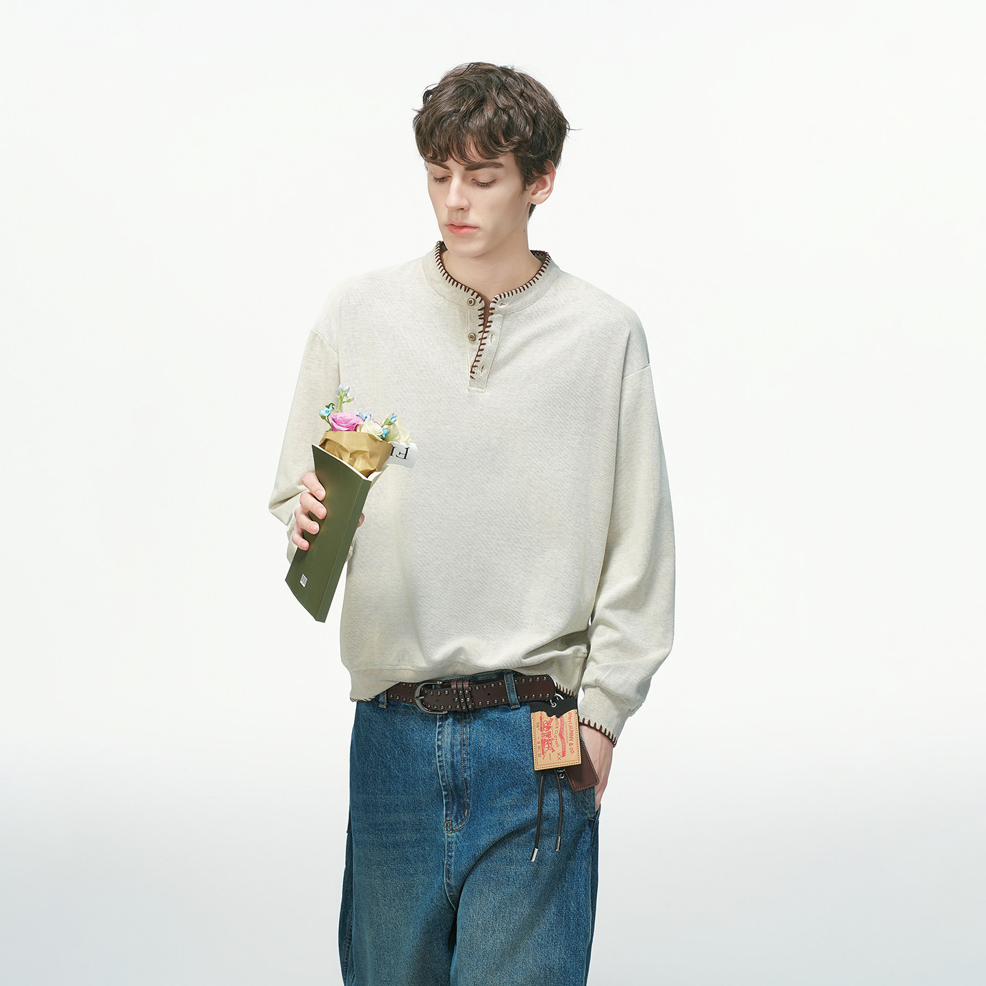 Dream made老钱风手缝线亨利领卫衣男秋冬季重磅无帽上衣男生内搭,淘宝优惠券,粉丝福利购,淘宝优惠卷