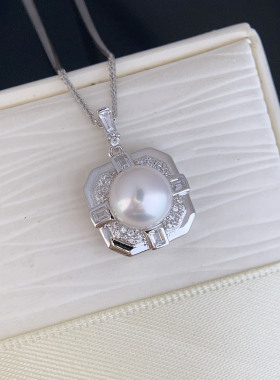 天然淡水珍珠菱形镶钻吊坠正圆7-8mm珍珠女s925纯银珍珠颈链诸暨