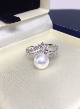 精工款极光天然淡水珍珠戒指轻奢优雅锆石三角戒指百搭手饰