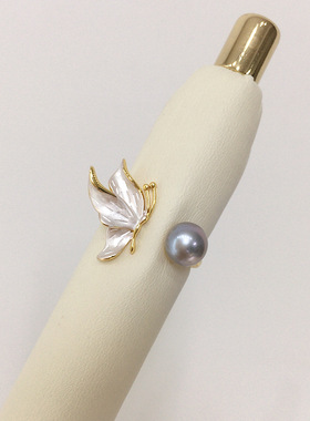 6A级高亮天然淡水真珍珠戒指女士18K包金磨砂蝴蝶珍珠指环开口