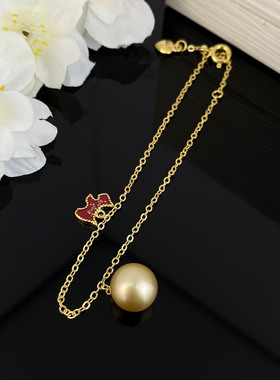 金珠海水珍珠红色小马手链正圆9-10mm金色女s925纯银金珠珍珠手链