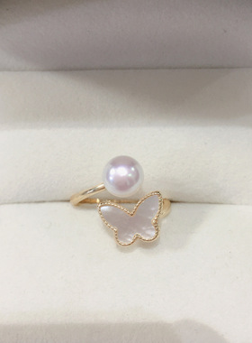 时尚精致天然海贝蝴蝶戒指浙江诸暨天然淡水珍珠18K注金保色指环
