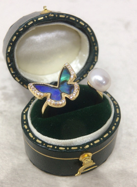 诸暨珍珠天然淡水珍珠戒指开口鲍鱼贝蝴蝶珍珠戒指手饰