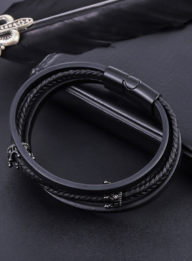 皇冠多层缠绕皮质手链男女情侣手绳磁吸扣暗黑中性风个性百搭手饰