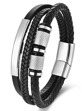 男士多层编织真皮手链金色轻奢小众百搭手环磁吸扣商务送男友礼物
