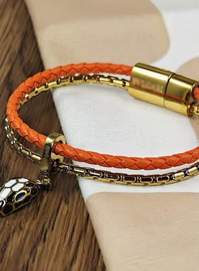新款25年经典蛇头小牛皮编织皮绳双层手链珐琅蛇头男女情侣高级感
