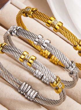 H镶钻间金麻花手镯欧美简约轻奢钛钢手环高级感男女手镯不掉色