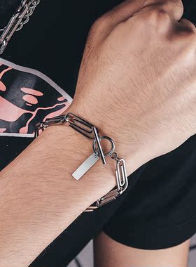 日韩ins冷淡风回形针方牌手链男女欧美潮流百搭钛钢手链OT扣饰品