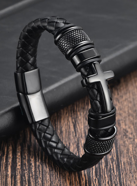 2026马年本命年十字架真皮手链男潮黑色皮绳女简约百搭转运祈福