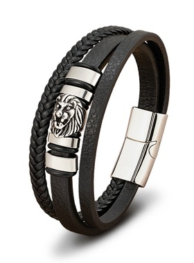 潮牌男钛钢狮子头手链皮质