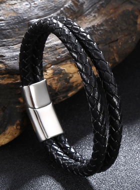欧美流行黑色双层真皮手链男士头层牛皮编织手绳送男友礼物高档潮
