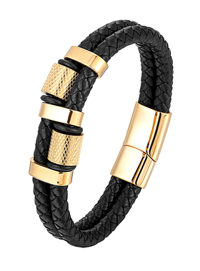 男士帅气高级感转运珠串饰编织皮绳手链简约时尚酷黑色手绳欧美潮