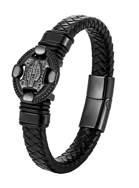 潮男哈雷盾牌不锈钢手链男士时尚潮流硬朗编织酷感皮手链首饰