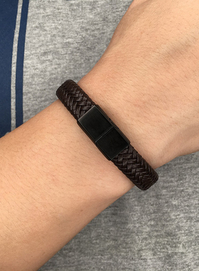 欧美风黑色钛钢编织皮质韩版手链
