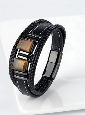 新中式国潮天然虎眼石手串多层皮绳编织手链男款高档手环高档复古