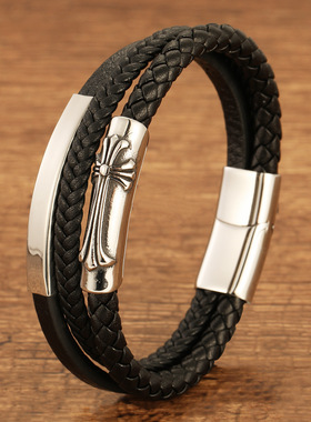 欧美复古十字童军花手链配饰黑色编织皮绳手镯个性男士百搭潮手环