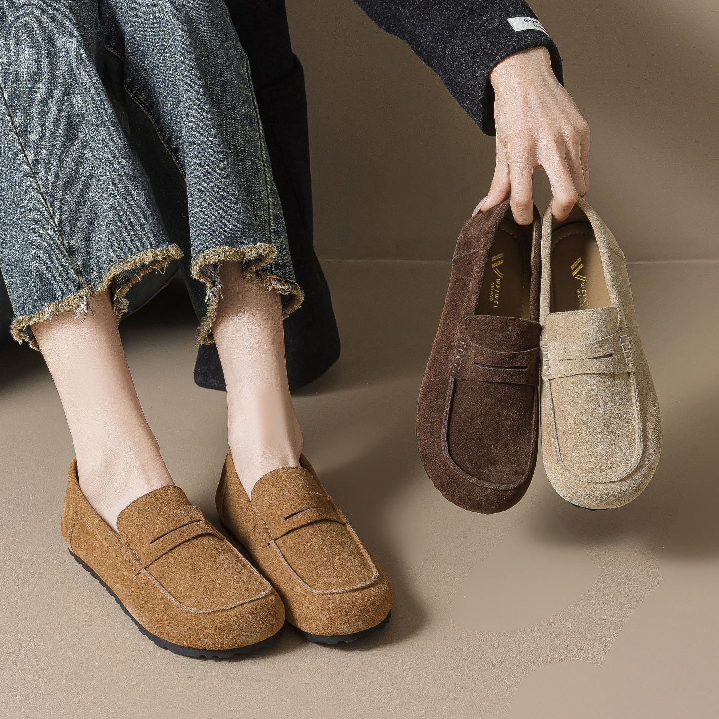 真皮~全包超火勃肯鞋女秋冬一脚蹬平底单鞋老钱风乐福鞋大码女鞋,淘宝优惠券,粉丝福利购,淘宝优惠卷